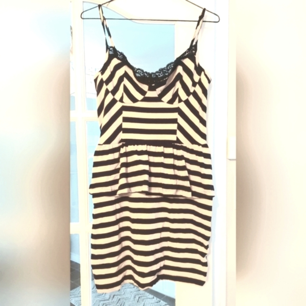 Striped Black and Tan Dress with Lace Detail